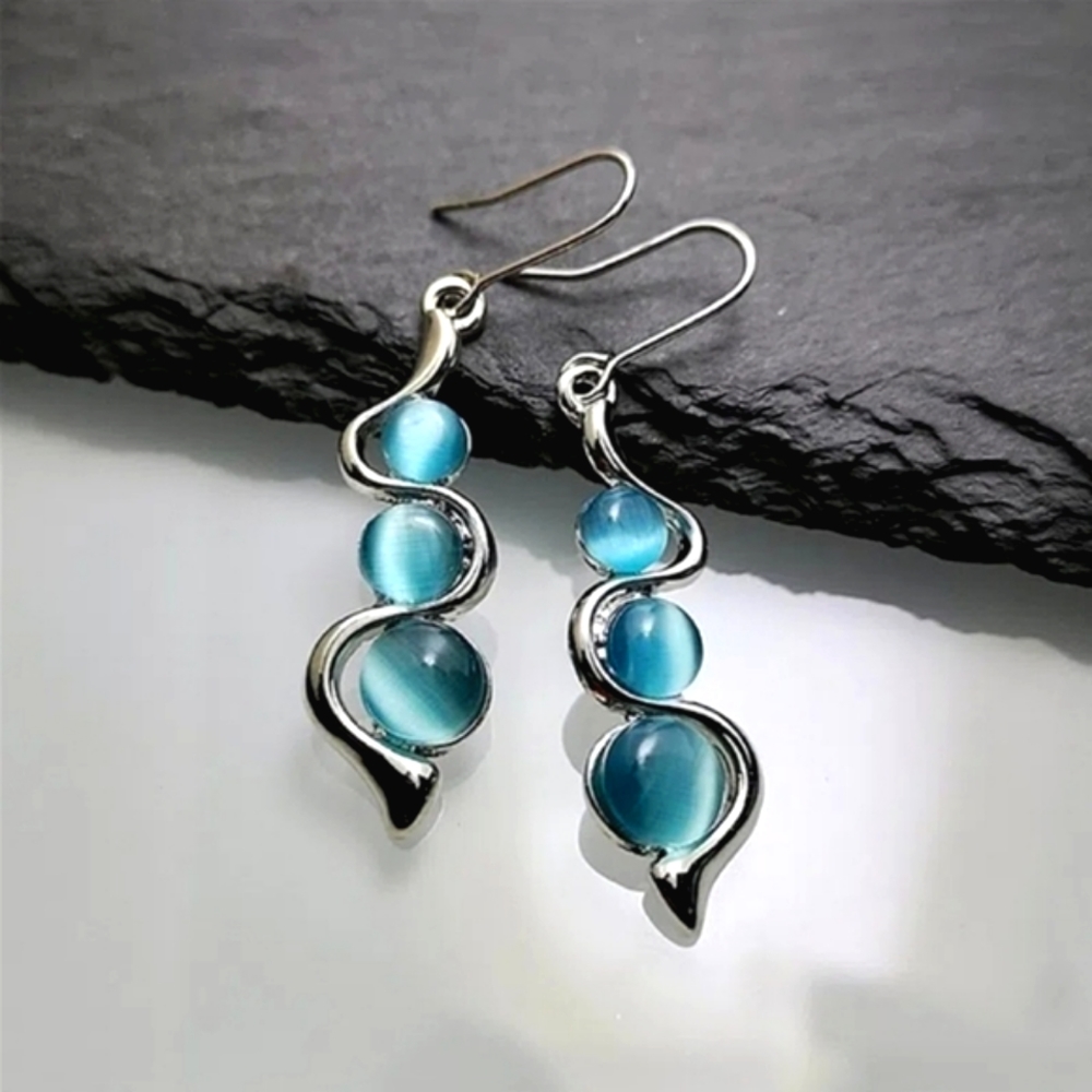 🔥 Triple Moonstone & Silver Swirl Drop Earrings Opalescent Blue - Picture 1 of 4